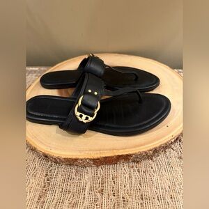 Tory Burch Marsden Flat Thong Sandal Black Calf Leather‎ Gold Logo Size 8M 258$